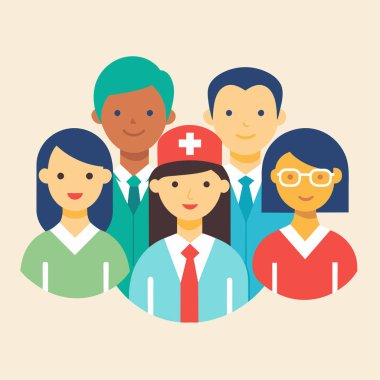 Vektör illüstrasyonu, fotokopi alanı, tıbbi sağlık ekibi, farklı etnik geçmişe sahip doktorlar, cerrah kıyafetleri, sağlık hizmetleri, ilaçlar...