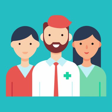 Vektör illüstrasyonu, fotokopi alanı, tıbbi sağlık ekibi, farklı etnik geçmişe sahip doktorlar, cerrah kıyafetleri, sağlık hizmetleri, ilaçlar...