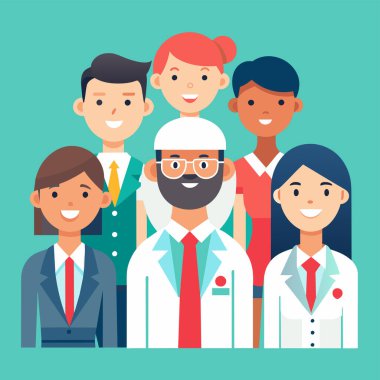 Vektör illüstrasyonu, fotokopi alanı, tıbbi sağlık ekibi, farklı etnik geçmişe sahip doktorlar, cerrah kıyafetleri, sağlık hizmetleri, ilaçlar...