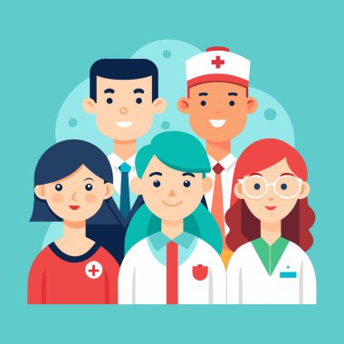 Vektör illüstrasyonu, fotokopi alanı, tıbbi sağlık ekibi, farklı etnik geçmişe sahip doktorlar, cerrah kıyafetleri, sağlık hizmetleri, ilaçlar...