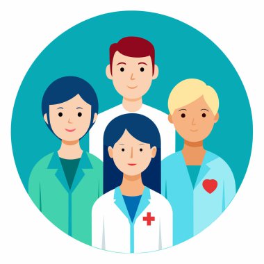 Vektör illüstrasyonu, fotokopi alanı, tıbbi sağlık ekibi, farklı etnik geçmişe sahip doktorlar, cerrah kıyafetleri, sağlık hizmetleri, ilaçlar...