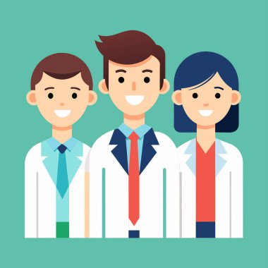 Vektör illüstrasyonu, fotokopi alanı, tıbbi sağlık ekibi, farklı etnik geçmişe sahip doktorlar, cerrah kıyafetleri, sağlık hizmetleri, ilaçlar...