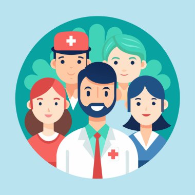 Vektör illüstrasyonu, fotokopi alanı, tıbbi sağlık ekibi, farklı etnik geçmişe sahip doktorlar, cerrah kıyafetleri, sağlık hizmetleri, ilaçlar...