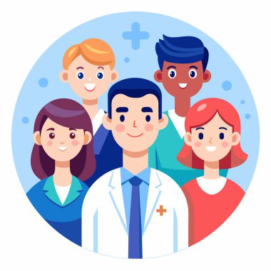 Vektör illüstrasyonu, fotokopi alanı, tıbbi sağlık ekibi, farklı etnik geçmişe sahip doktorlar, cerrah kıyafetleri, sağlık hizmetleri, ilaçlar...