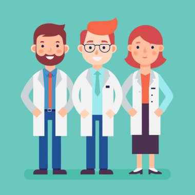 Vektör illüstrasyonu, fotokopi alanı, tıbbi sağlık ekibi, farklı etnik geçmişe sahip doktorlar, cerrah kıyafetleri, sağlık hizmetleri, ilaçlar...