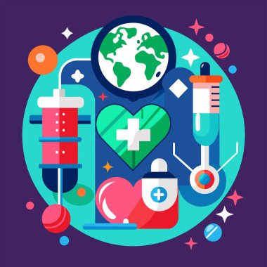 İnsan kalbine ve olayın gün ve adına sahip tıbbi araçlar, soyut şekil ve yeşil arkaplan üzerine metinler