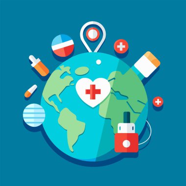 İnsan kalbine ve olayın gün ve adına sahip tıbbi araçlar, soyut şekil ve yeşil arkaplan üzerine metinler