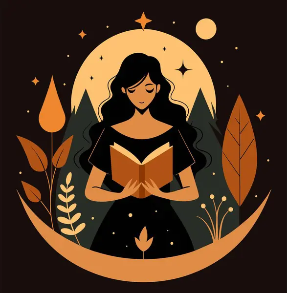 Genç bir kadın, çiçek, yaprak ve bitkileri çevreleyen açık bir kitap açıyor. Okula dönmek, kütüphane tasarımı. Vektör illüstrasyonu, poster ve afiş kitabı festivali konsepti