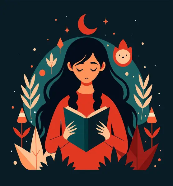 Genç bir kadın, çiçek, yaprak ve bitkileri çevreleyen açık bir kitap açıyor. Okula dönmek, kütüphane tasarımı. Vektör illüstrasyonu, poster ve afiş kitabı festivali konsepti