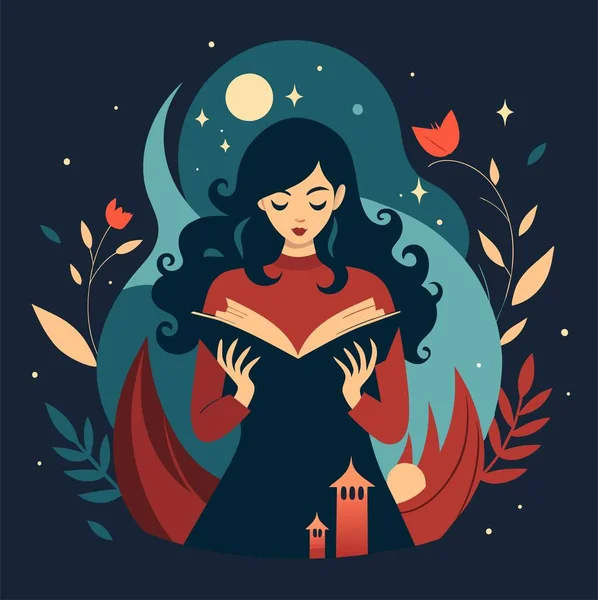 Genç bir kadın, çiçek, yaprak ve bitkileri çevreleyen açık bir kitap açıyor. Okula dönmek, kütüphane tasarımı. Vektör illüstrasyonu, poster ve afiş kitabı festivali konsepti