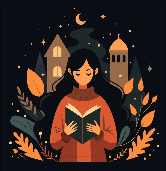 Genç bir kadın, çiçek, yaprak ve bitkileri çevreleyen açık bir kitap açıyor. Okula dönmek, kütüphane tasarımı. Vektör illüstrasyonu, poster ve afiş kitabı festivali konsepti