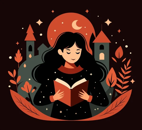 Genç bir kadın, çiçek, yaprak ve bitkileri çevreleyen açık bir kitap açıyor. Okula dönmek, kütüphane tasarımı. Vektör illüstrasyonu, poster ve afiş kitabı festivali konsepti