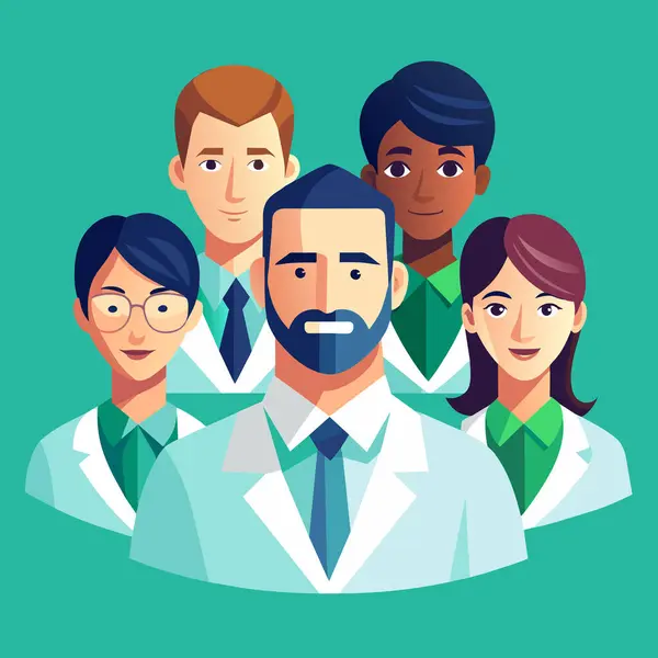 Vektör illüstrasyonu, fotokopi alanı, tıbbi sağlık ekibi, farklı etnik geçmişe sahip doktorlar, cerrah kıyafetleri, sağlık hizmetleri, ilaçlar...