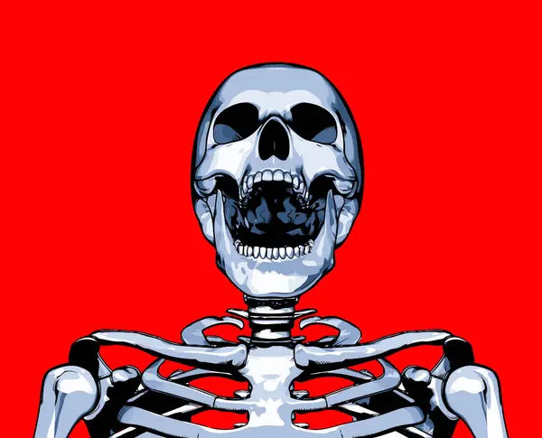 Porträtt Skrattande Skelett Skalle Vektor Illustration Isolerad Röd Bakgrund Stockillustration