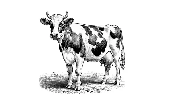基于白色背景的奶牛站立病媒图解的仿古版画 矢量图形