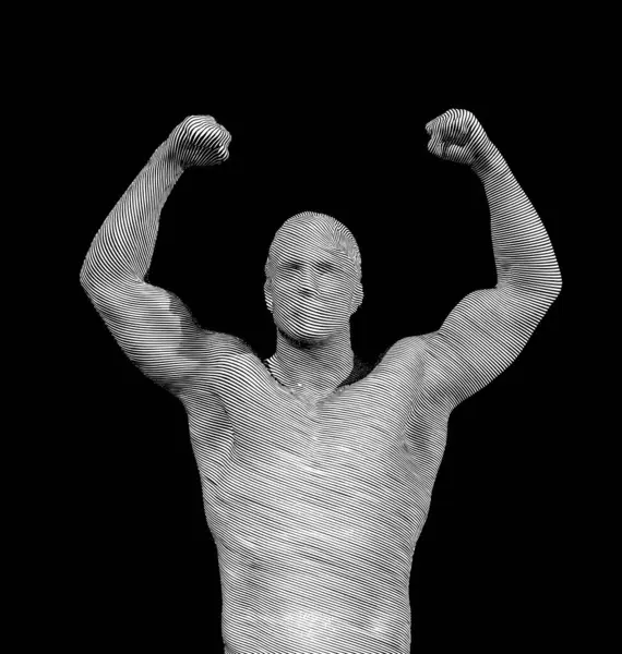 单色黑白雕刻复古画中 强壮有力的男子举起手 展示出在黑暗背景下孤立的肌肉矢量图解 矢量图形