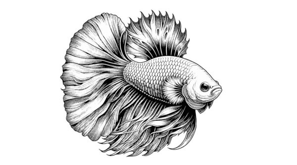 Монохромный гравированный винтажный рисунок борющейся рыбной векторной иллюстрации на белом фоне