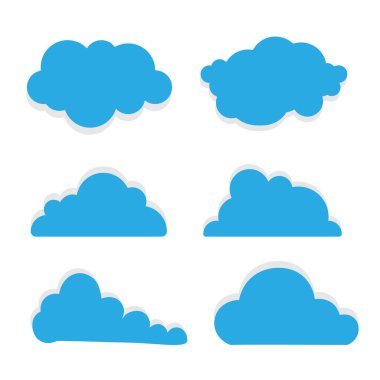 Bulut simgeleri mavi arkaplanda 3 boyutlu düz bir şekilde ayarlandı. Bulut ağ simgeleri ayarlandı. Basit vektör sembolleri koleksiyonu