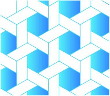 Birbirine kenetlenmiş üçgen şekillerin kusursuz mavi ve beyaz çizgi vektör grafiği. Bir Escher sanat eserine benziyor.