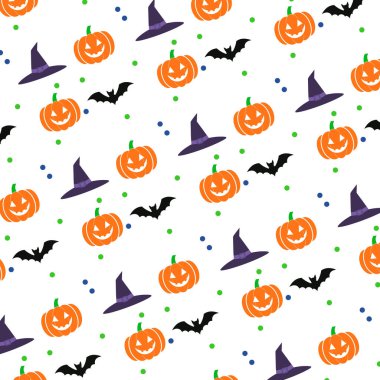 Cadılar Bayramı kusursuz desenli balkabağı, yarasa ve şapkalı. Vektör illüstrasyonu.