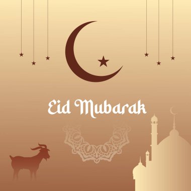 Kurban Bayramı el yazısı mı? Bayram mübareği. Tatlı keçi, ay ve fenerli Müslüman bayram kartı. Vektör illüstrasyonu.