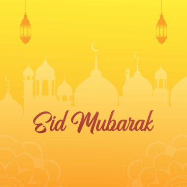 Ramazan Kareem ve Bayram Mübarek bayrağını karşılama şablonu sarı ve altın renkli vektör arkaplanı