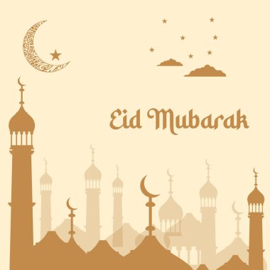 Ay, yıldızlar, fenerler ve gece bulutları olan İslam camii. Bayram Mübarek kutlama şablonu vektörü