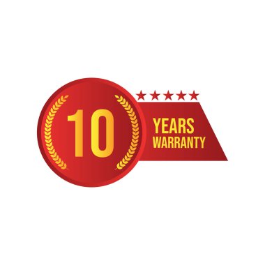 Çember şekli güvenilir 10 yıllık garanti kırmızı ve altın rengi rozet, etiket, kırmızı kurdeleli mühür, beyaz arka plan.