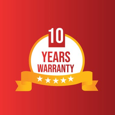 Yüksek kalite kırmızı arka plan güvenilir 10 yıl garanti kırmızı ve altın gradyan rozet, işaret, illüstrasyon, etiket, kırmızı kurdeleli mühür, beyaz arka plan.