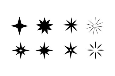 Işık arka planında parlayan ve parlayan yıldızlar simgesi. Temiz sembol. Parlak, yıldız, şimşek, astronomi, parlayan ışık, ışıltı etkisi. Taslak, düz ve renkli. Düz tasarım