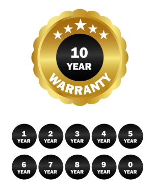 Garanti rozeti. 1 yıldan 0 yıla kadar süren altın garanti etiketleri var. Mühür amblemi, kalkan ve altın kurdelelerle daire çiz. Pazarlama çıkartma vektörü seti.