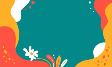 Arka plan ve afiş pastel renklerle süslenmiş çiçek ve yapraklarla. Yusufçuk, kelebek ve arıyla yaz teması. Düz halk geometrik biçimi