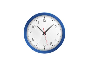 Mavi Saat simgesi düz tasarım yuvarlak duvar saati, beyaz arkaplanda gölgesi olan modaya uygun ofis saati