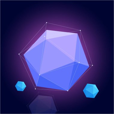 Platonik katı Icosahedron, neon renkli, rengarenk arkaplanlı. Retrowave synthwave buhar dalgası tarzı poster, logo ve tişört baskısı için 3D illüstrasyon. 80 'lerden 90' lara kadar atari oyunlarının estetiği.