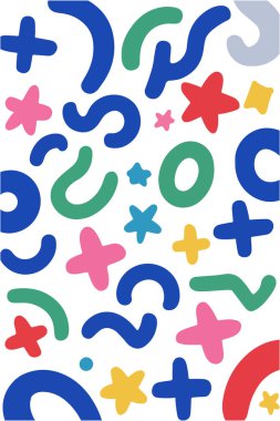 Tuhaf geometrik şekiller, karalamalar ve renkli boya kalemlerinin çizdiği şekiller. El çizimleri, soyut çıkartmalar, şekiller, kaba çizgiler. Çağdaş ilkel ve saf geometrik elementleri karala