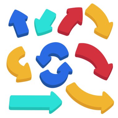 Beyaz arkaplanda renkli 3B Oklar Düz Biçim