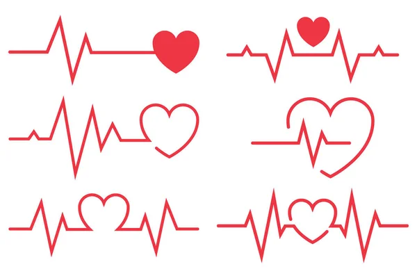 Red Ecg Heartbeat Linie Kolekcji Hearts Białym Tle — Wektor stockowy