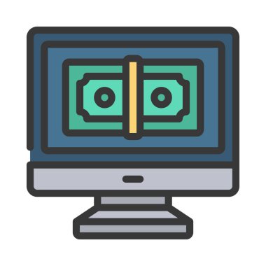 Bilgisayar monitörü ve Sanal Para Birimi ikonu vektörü. Düz tabela. renk sembolü çizimi