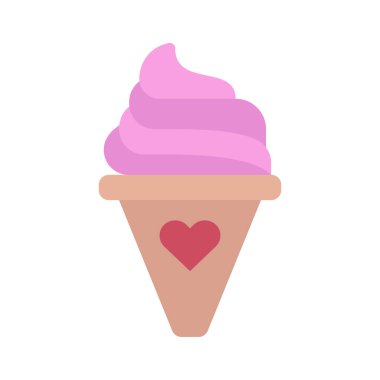 Kalp işareti simgesi düz dondurma külahı, vektör illüstrasyonu