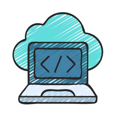 Laptop Bulut Kodu Simgesi, Vektör İllüstrasyonu