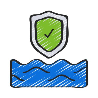 deniz dalgası ve kalkan simgesi, korunmuş okyanus simgesi, vektör illüstrasyonu