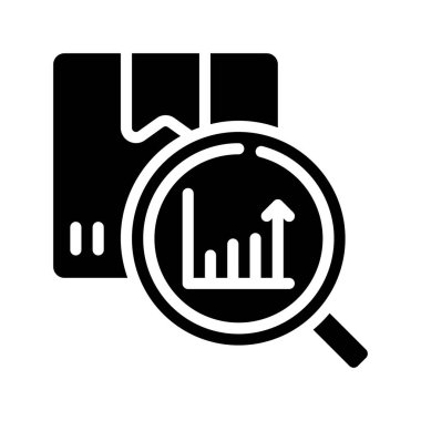 Ürün Analizi simgesi, büyüteç ve karton kutuda grafik, vektör illüstrasyonu