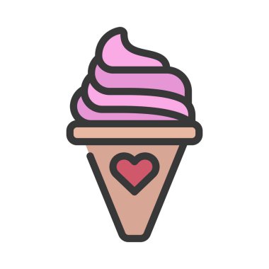 Kalp işareti simgesi düz dondurma külahı, vektör illüstrasyonu