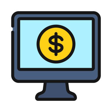Bilgisayar Çevrimiçi Para simgesi, vektör illüstrasyonu 