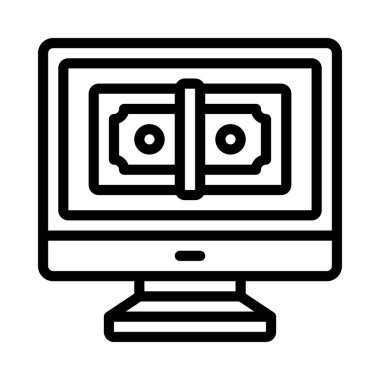 Bilgisayar monitörü ve Sanal Para Birimi ikonu vektörü. Düz tabela. renk sembolü çizimi