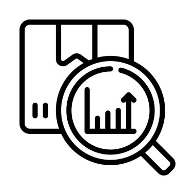 Ürün Analizi simgesi, büyüteç ve karton kutuda grafik, vektör illüstrasyonu
