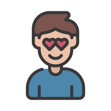 Gözleri yerine kalpleri olan mutlu bir adam. Web, mobil uygulamalar, ağ ve yazdırma için kullanılabilir.