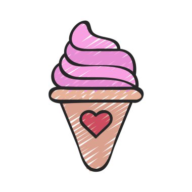 Kalp işareti simgesi düz dondurma külahı, vektör illüstrasyonu