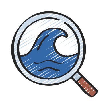 Büyüteç ikonunda deniz dalgası, okyanus koruma ikonu, vektör illüstrasyonu