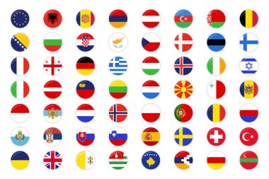 Tüm Avrupa Bayraklarının Seti Parlıyor ve Gölgeler